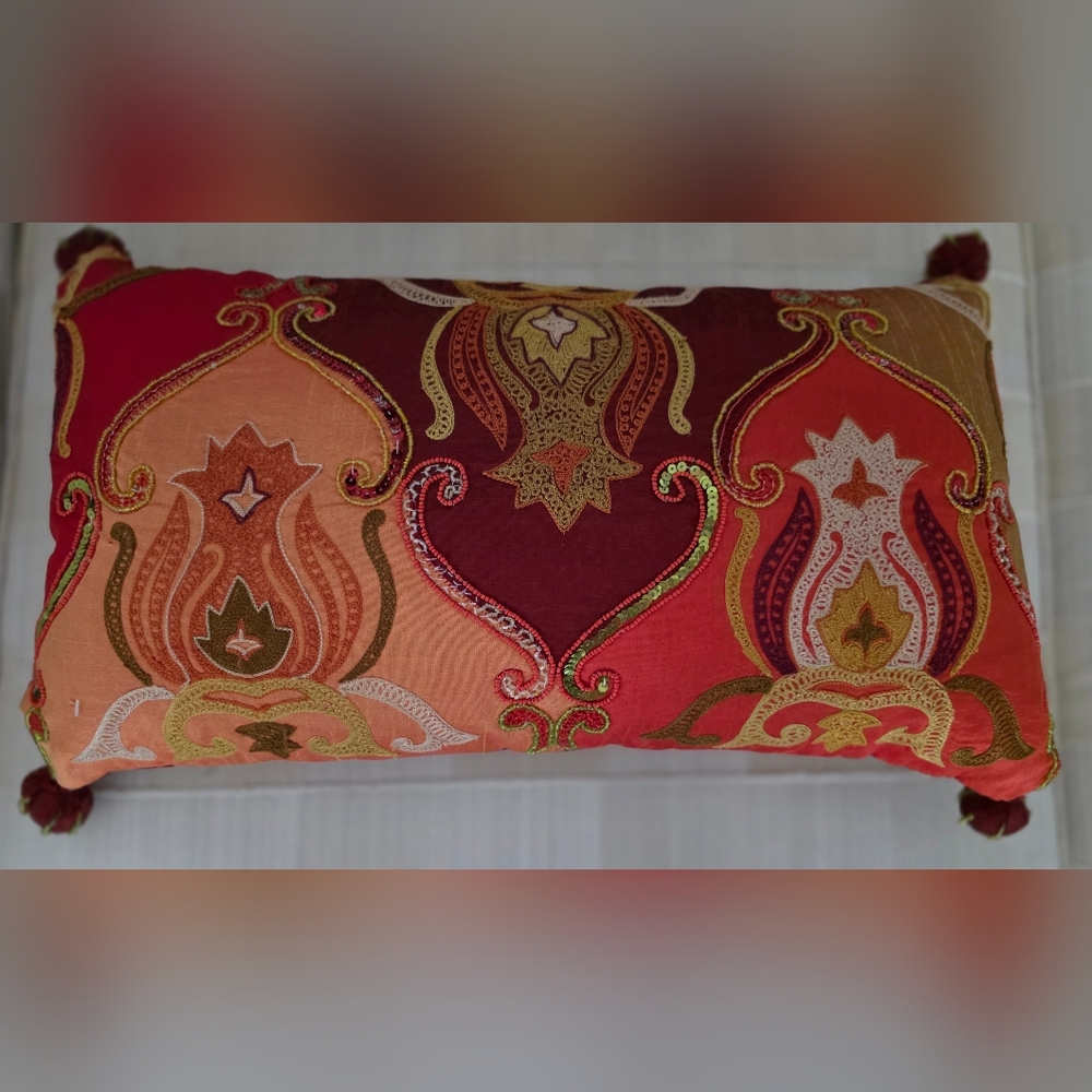 Pier 1 Imports Embroidered Bead Throw Pillow Exotic Motif 22"×13" Zippered